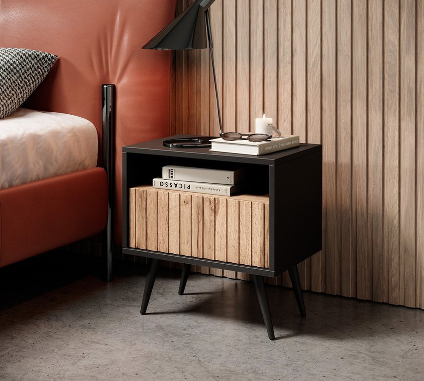 Bello bedside table with a drawer with a slatted front, black/wotan oak