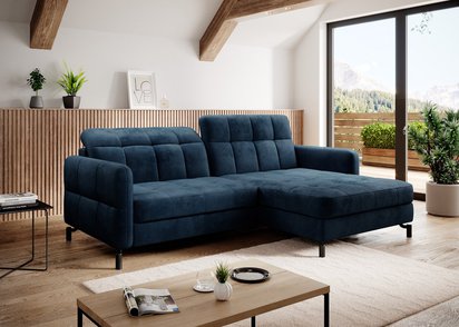 Clainlo L-shaped corner sofa with sleeping function with storage and adjustable headrest, navy blue hydrophobic velvet, right-hand side