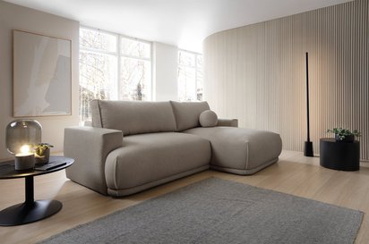 Divo Mini L-shaped corner sofa with sleeping function with a container, grey-beige boucle, right-hand