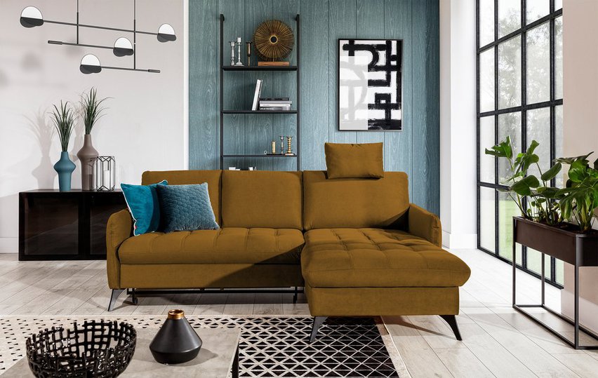 Corner sofa with sleeping function Casotti L-shaped with container and adjustable headrest mustard velour hydrophobic right-hand side