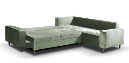 Corner sofa with sleeping function Ninetta Magic Velvet 2243 with a container in a hydrophobic fabric, velour legs, black, right-hand side