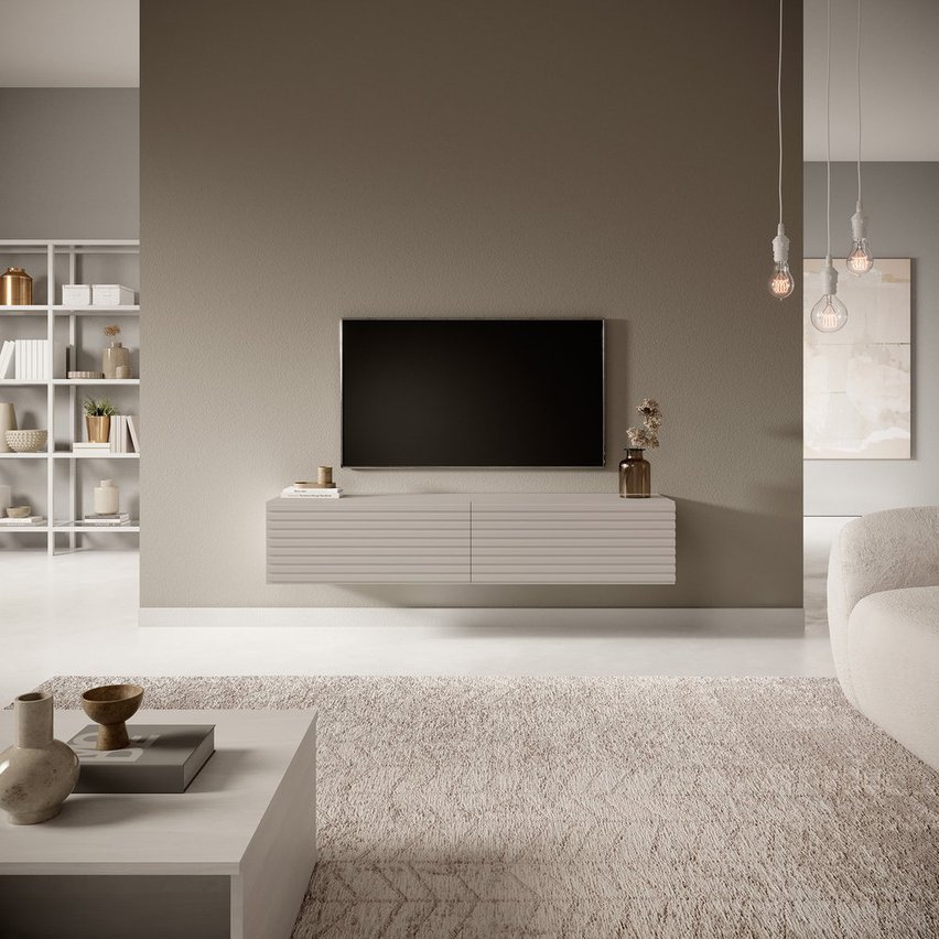 Pavas TV cabinet 140 cm Gray beige with lamella front