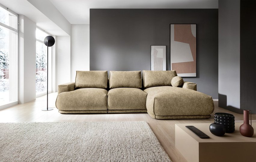 Divo L-shaped corner sofa with sleeping function with a container, beige, hydrophobic braid, right-hand