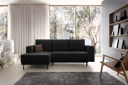 Rodario mini black corner sofa with sleeping function with left-hand corduroy container