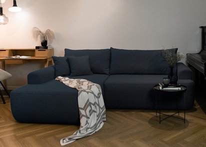 Ovo L-shaped corner sofa with sleeping function with a container in easy-to-clean fabric