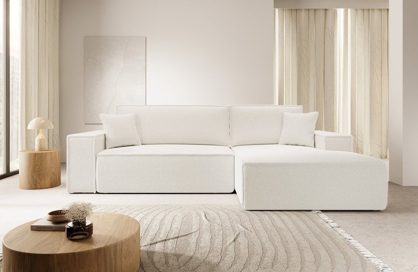 Farese New L-shaped corner sofa with sleeping function with a right-sided cream boucle container