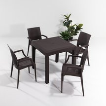 Valries garden set, four-seater table and chairs with armrests, brown technorattan