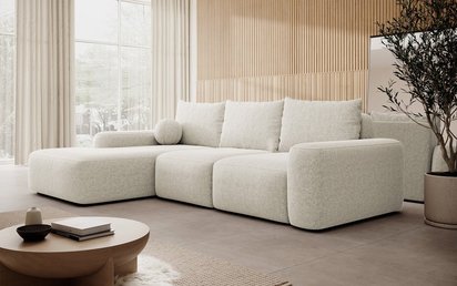 Carnos L-shaped corner sofa with sleeping function, ball, single cushions Melody 14 left-hand chenille