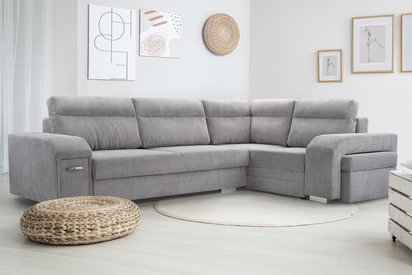 Umill L corner sofa bed with bar and pouffe (Fabric: Lincoln 86, Side: Right)