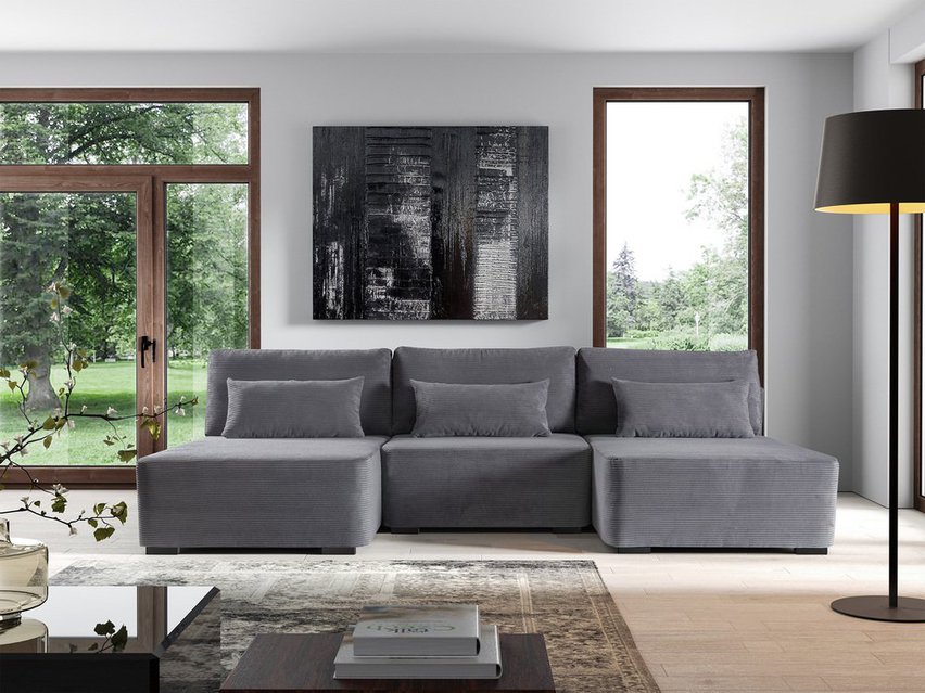 Moduliano U-shaped corner sofa with sleeping function with storage, universal, grey corduroy