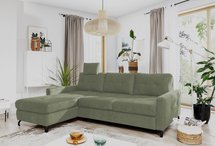 Buriano L-shaped corner sofa with sleeping function with container and adjustable headrest, olive velvet, hydrophobic, left-sided