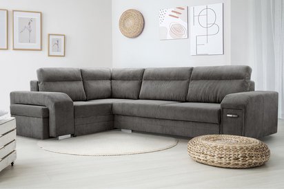 Umill L-shaped corner sofa with sleeping function with containers with a bar and a pouffe, dark gray corduroy, left-hand side