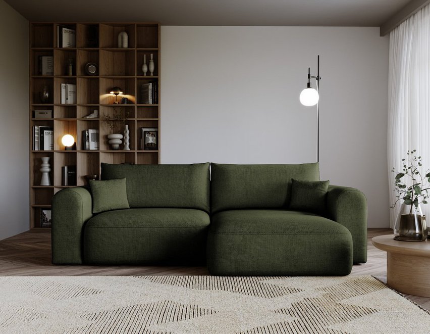 Sollano L-shaped corner sofa with sleeping function with a container, universal olive chenille