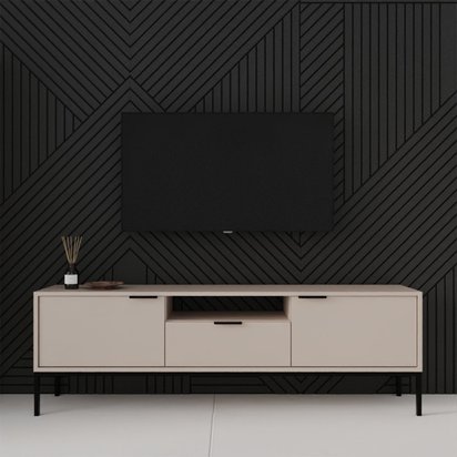 Diargo 175 cm two-door TV cabinet with a drawer and a recess, grey-beige on a black frame