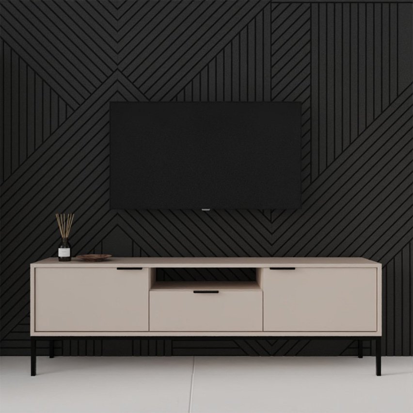 Diargo 175 cm two-door TV cabinet with a drawer and a recess, grey-beige on a black frame