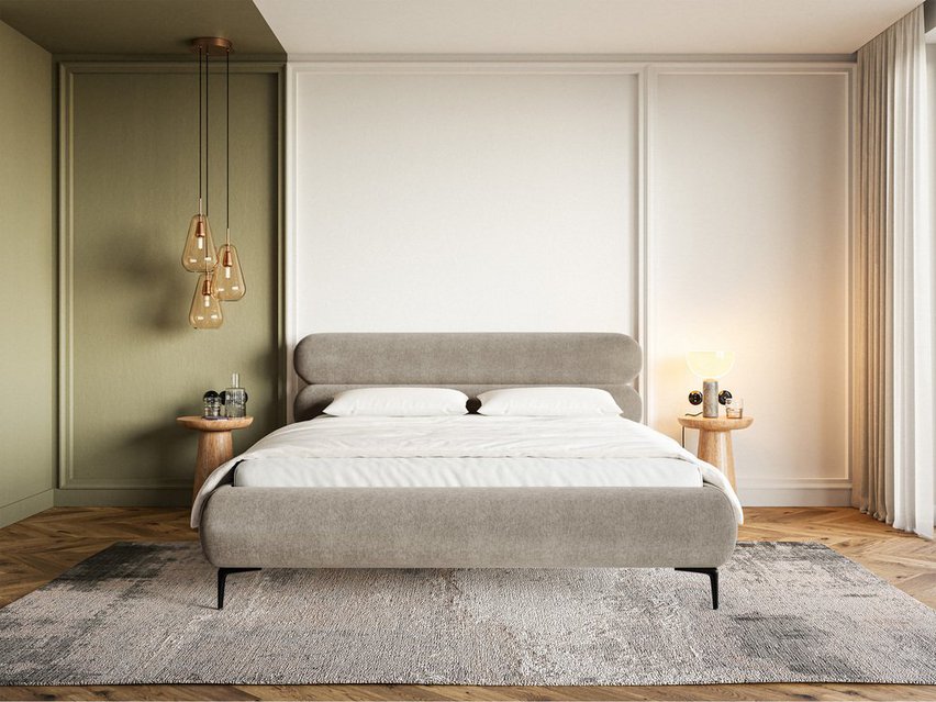 Upholstered bed 140x200 cm Roule with storage, metal frame Amon 16, hydrophobic velvet, black legs