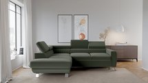 Bambito L-shaped corner sofa with sleeping function with container and adjustable headrests, olive velvet, hydrophobic, left-hand side