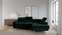 Bambito L-shaped corner sofa with sleeping function with storage and adjustable headrests, dark green hydrophobic velvet, right-hand side