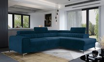 Corner sofa with sleeping function Negreiros L-shaped with container and adjustable headrests navy blue hydrophobic velvet right-hand side