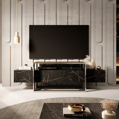 Excelsum TV cabinet, 160 cm, black marble, with a lockable shelf