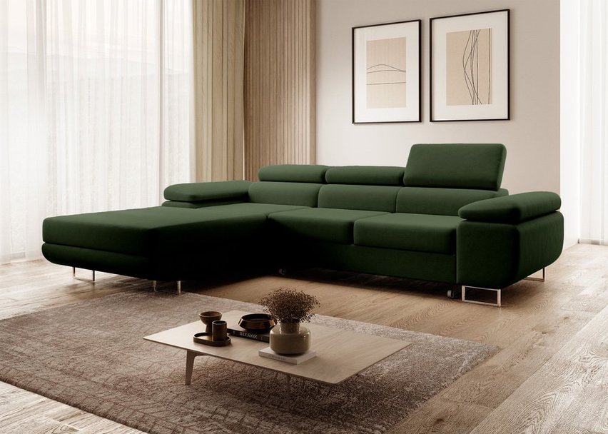 Ganta L-shaped corner sofa with sleeping function with Castel 39 container, easy-to-clean velvet, left-hand side