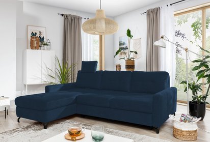 Buriano L-shaped corner sofa with sleeping function with container and adjustable headrest, navy blue hydrophobic velvet, left-sided