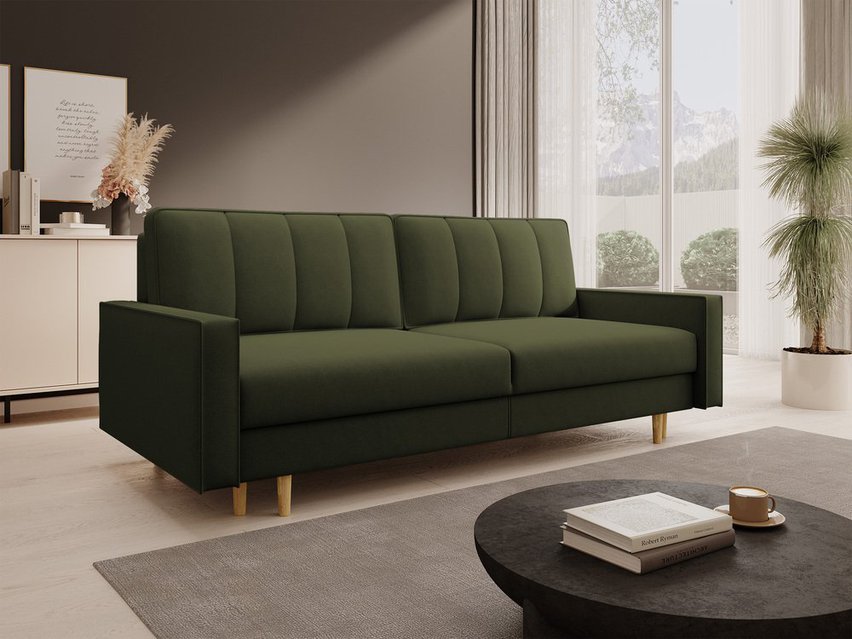 Derban three-seater sofa bed with storage, olive velvet, easy to clean