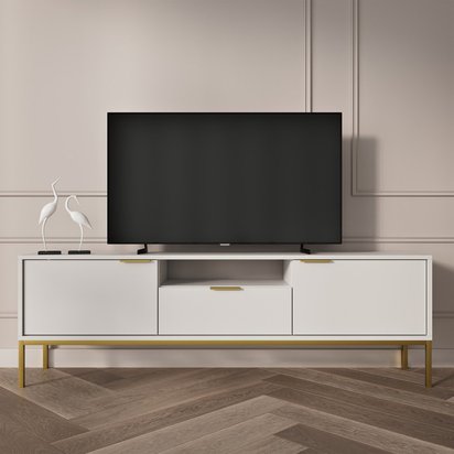 Diargo 175 cm two-door TV cabinet with a drawer and a niche, white on a gold frame