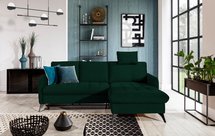 Corner sofa with sleeping function Casotti L-shaped with container and adjustable headrest dark green hydrophobic velvet right-hand side