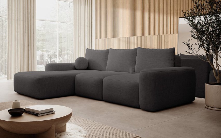 Carnos L-shaped corner sofa with sleeping function, with a ball, single Moly 85 cushions, left-sided hydrophobic chenille