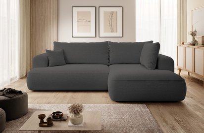 Ovo II L-shaped corner sofa with sleeping function Abriamo 08 with side panel and right-hand boucle container