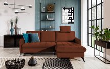 Corner sofa with sleeping function Casotti L-shaped with container and adjustable headrest, red velvet, hydrophobic, right-hand side