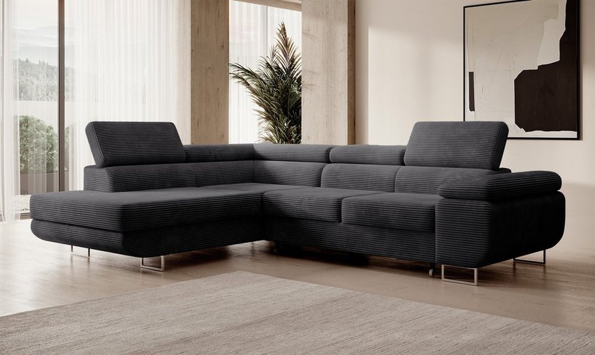 Stevil L-shaped corner sofa with sleeping function with Poso 34 container, left-hand corduroy