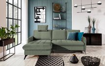 Corner sofa with sleeping function Casotti L-shaped with container and adjustable headrest olive velour hydrophobic left-hand side