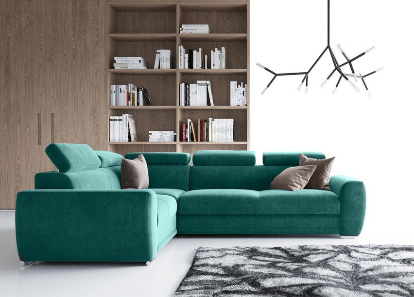 Corner sofa bed Danles L-shaped with five adjustable headrests and a left-hand container (Fabric: Element 15)