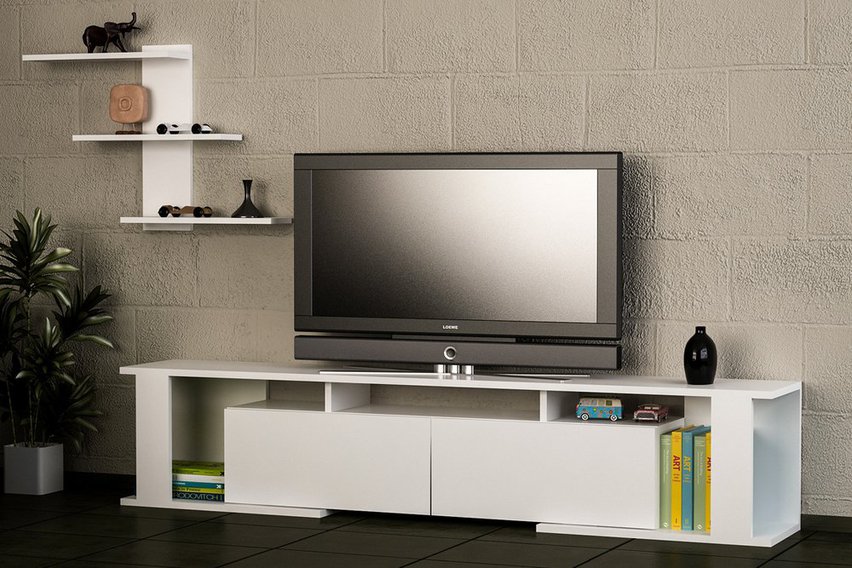 Monetti white TV cabinet with shelf