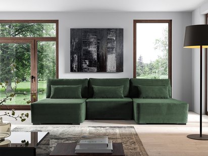 Moduliano U-shaped corner sofa with sleeping function with storage, universal, dark green corduroy