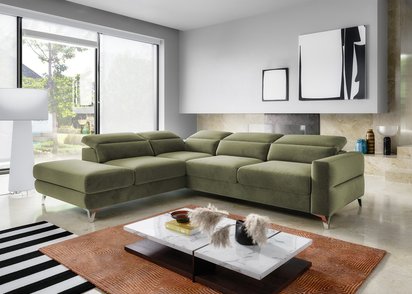 Pomello L-shaped corner sofa with sleeping function with storage and adjustable headrests Letto 38 easy-cleaning velvet left-hand side