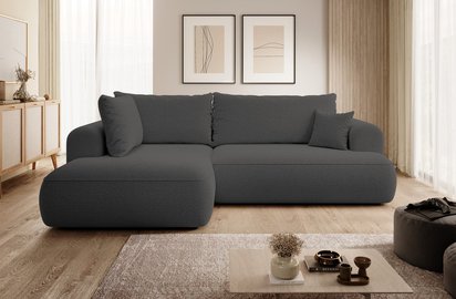 Ovo II L-shaped corner sofa with sleeping function Abriamo 08 with side panel and left-sided boucle container