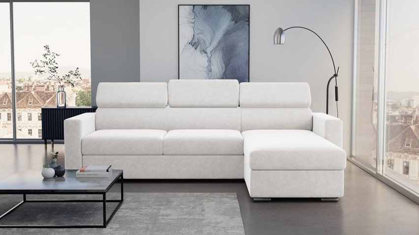 Veraguas L-shaped corner sofa with sleeping function with storage and adjustable headrests, universal cream in easy-clean fabric