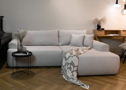 Ovo L-shaped corner sofa with sleeping function with a container in easy-to-clean fabric