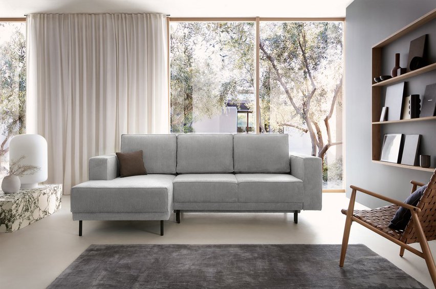 Rodario mini light gray corner sofa with sleeping function with left-hand corduroy container