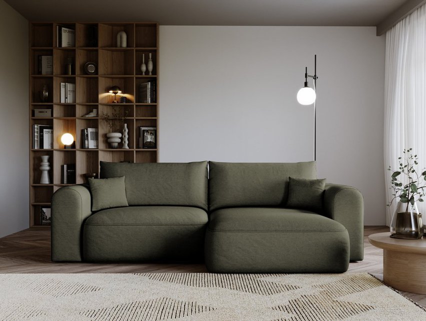 Sollano L-shaped corner sofa with sleeping function with container, universal, dark green, easy-to-clean chenille