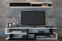 Jeffrey TV cabinet with black fronts and a wall shelf