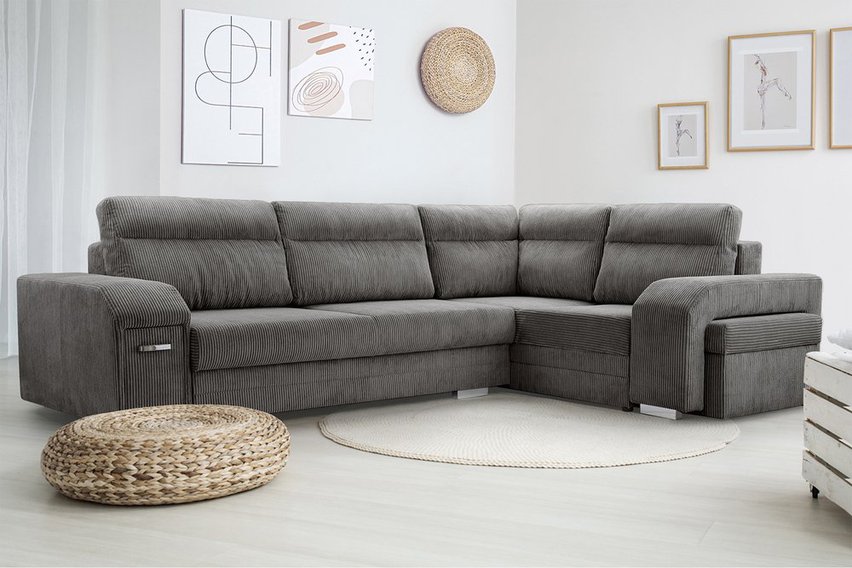 Umill L-shaped corner sofa with sleeping function with containers with a bar and a Lincoln 90 right-hand pouf