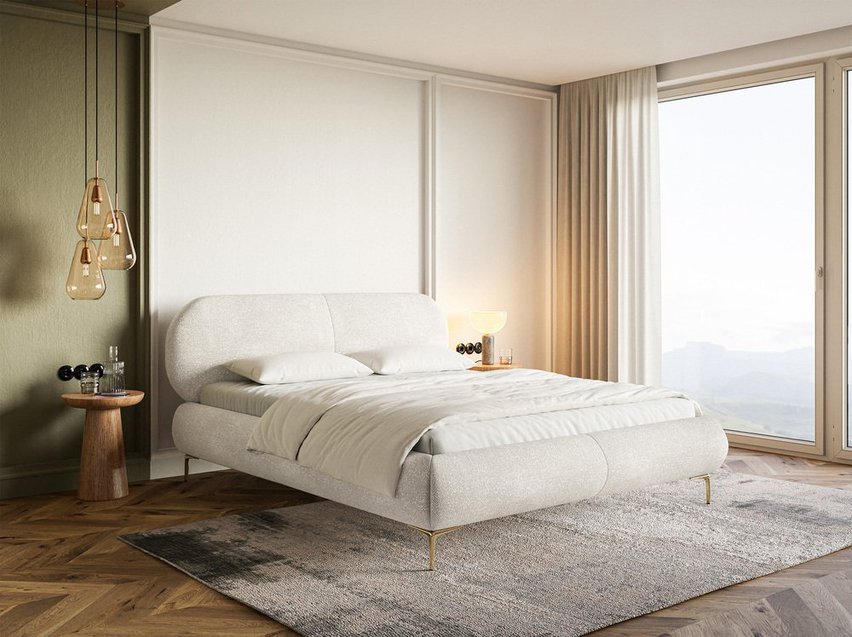 Upholstered bed 160x200 cm Ovalle with storage, metal frame, cream chenille, gold legs