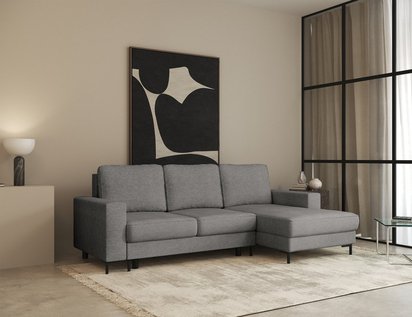 Mokpeo L-shaped corner sofa with sleeping function with two containers on black legs Sorella 84 chenille right-hand side