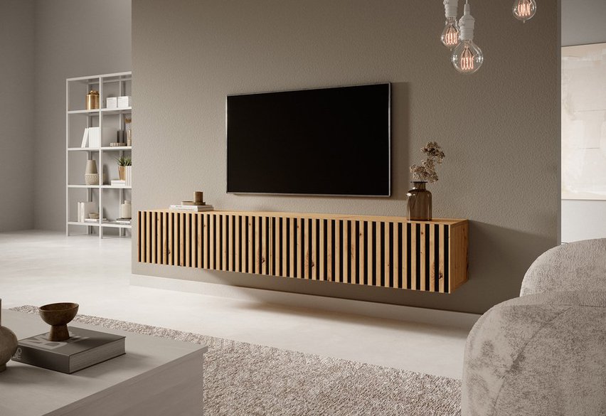 Telire TV cabinet 175 cm, artisan oak slats with black inserts