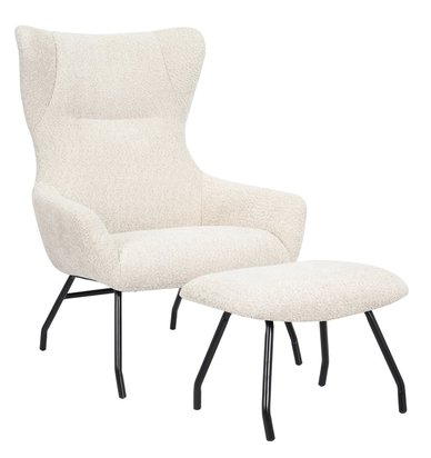 Suppet lounge chair with footstool in beige boucle fabric