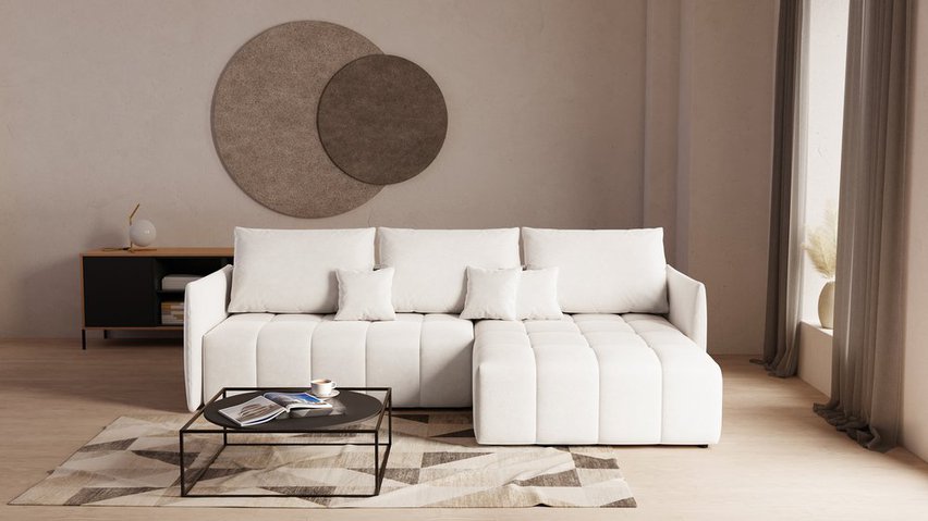 Boquete L-shaped corner sofa with sleeping function with storage, universal, light beige, in easy-clean fabric